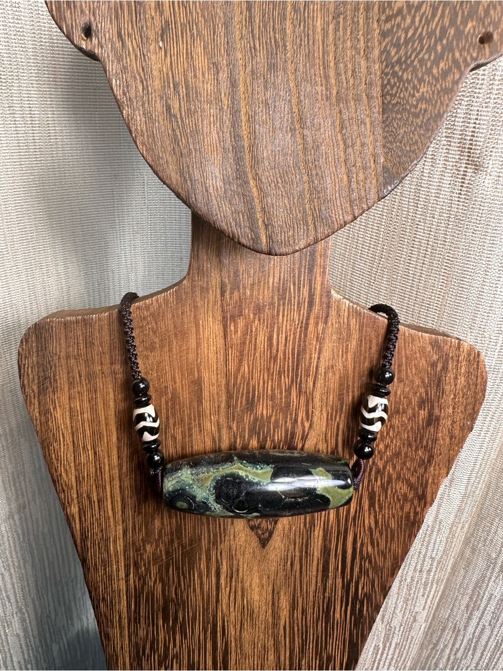 Large Kambaba Jasper Barrel Bead Necklace on Adjustable Rope Cord